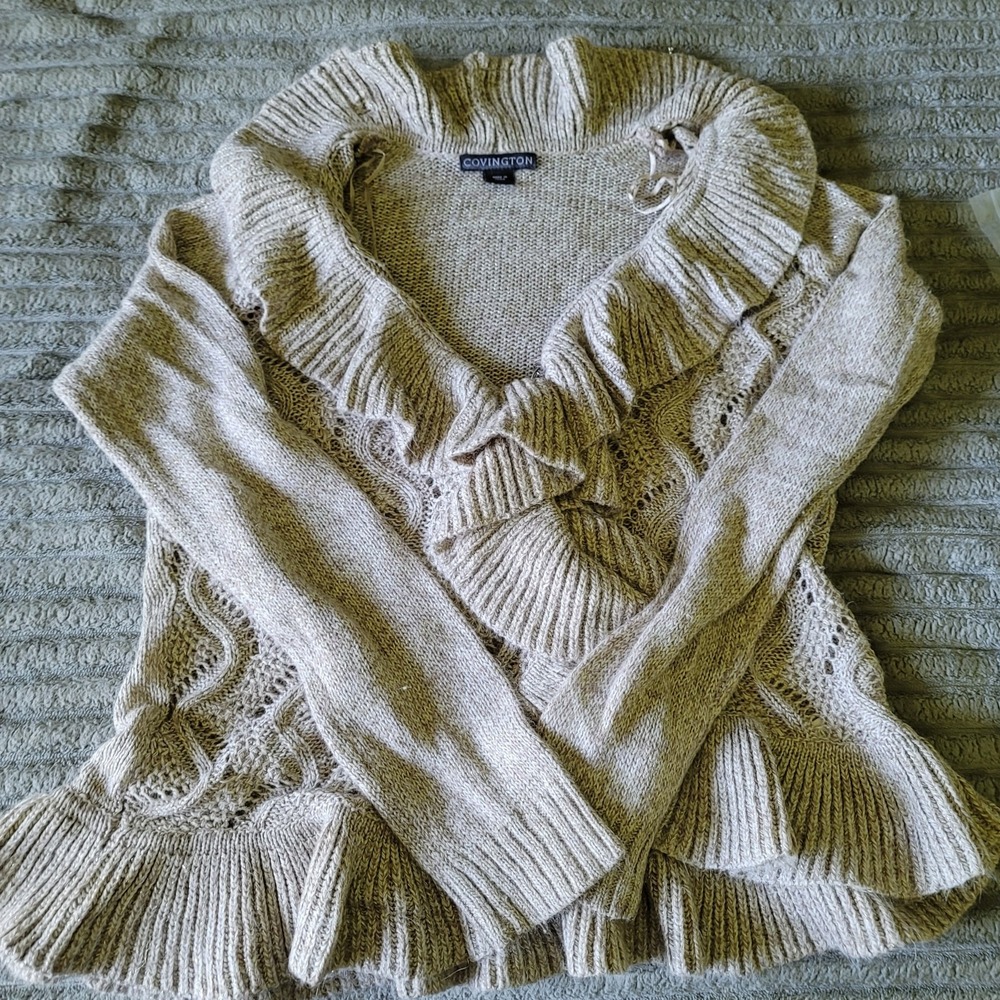 Covington‎ Size S Beige with gold threads Open Ruffle Cardigan